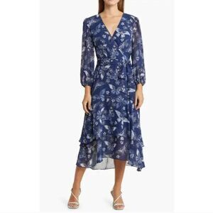 Eliza J Size 6 Butterfly Floral Long Sleeve Faux Wrap Midi Dress